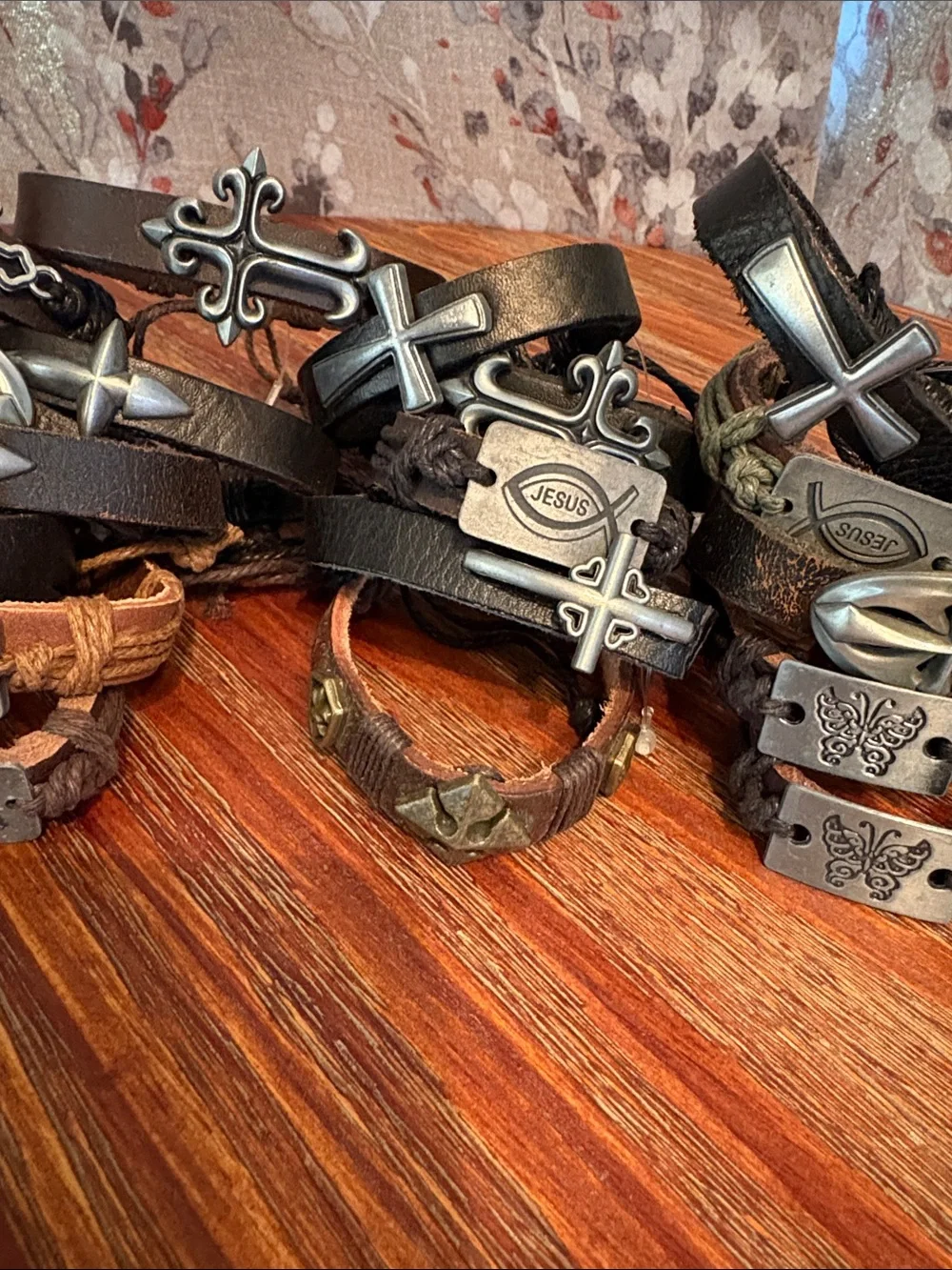 Lot of 25 women’s & men’s Black and Brown Leather Cross & Plate Bracelets - NEW